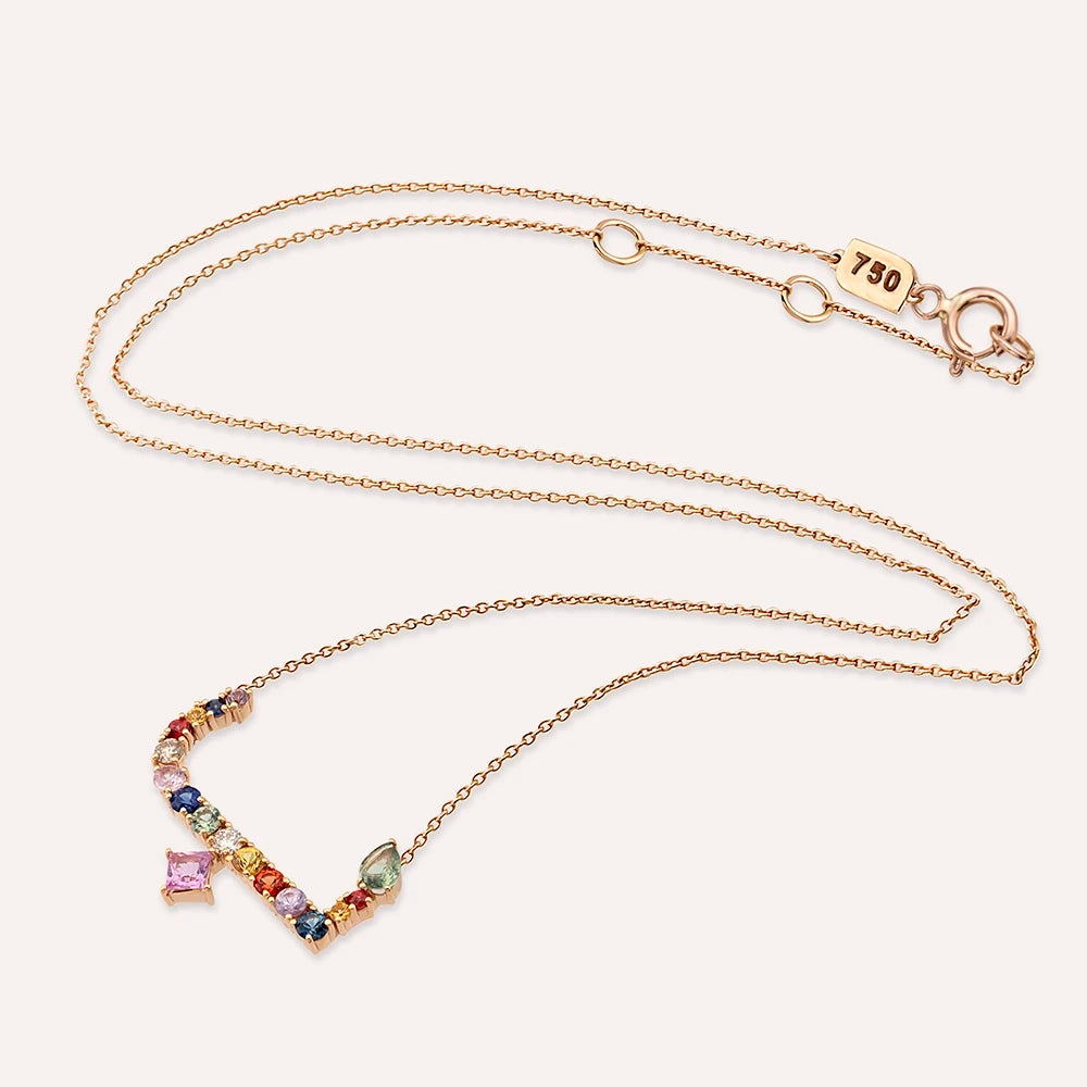 ب Be Harf 1.03 CT Pırlanta ve Multicolor Safir Taşlı Rose Altın Kolye