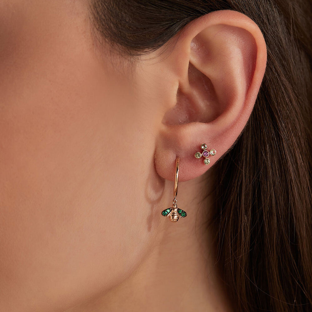 Bee 0.05 CT Zümrüt Taşlı Rose Altın Küpe