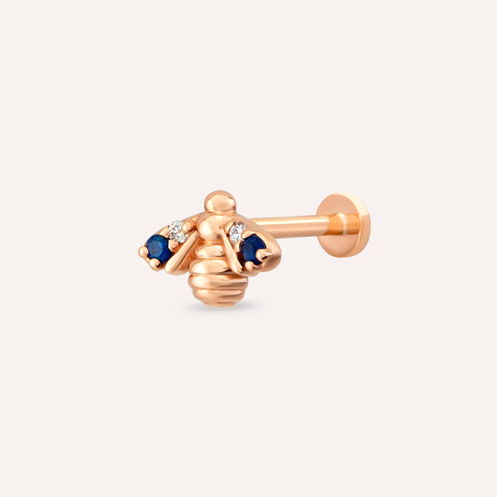 Bee Blue Safir ve Pırlanta Taşlı Rose Altın Piercing