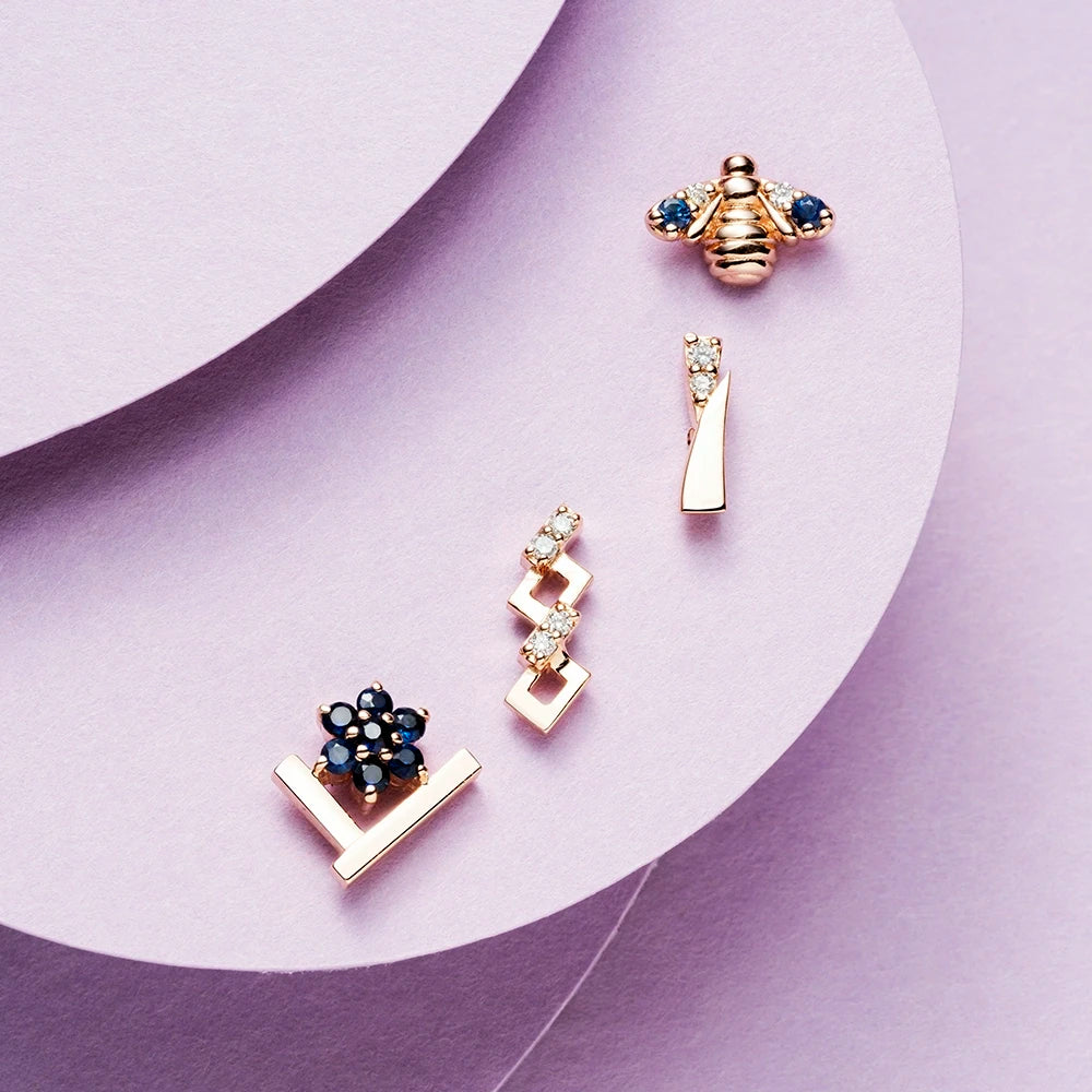 Bee Blue Safir ve Pırlanta Taşlı Rose Altın Piercing