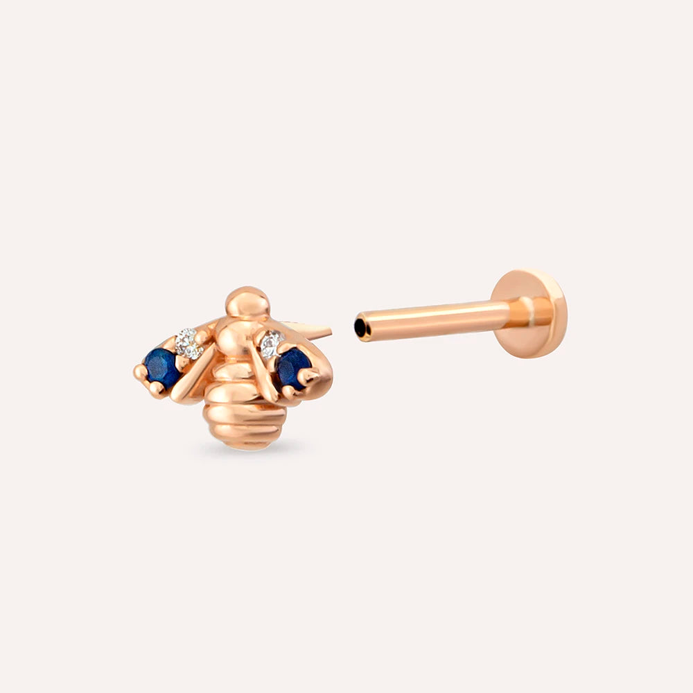 Bee Blue Safir ve Pırlanta Taşlı Rose Altın Piercing