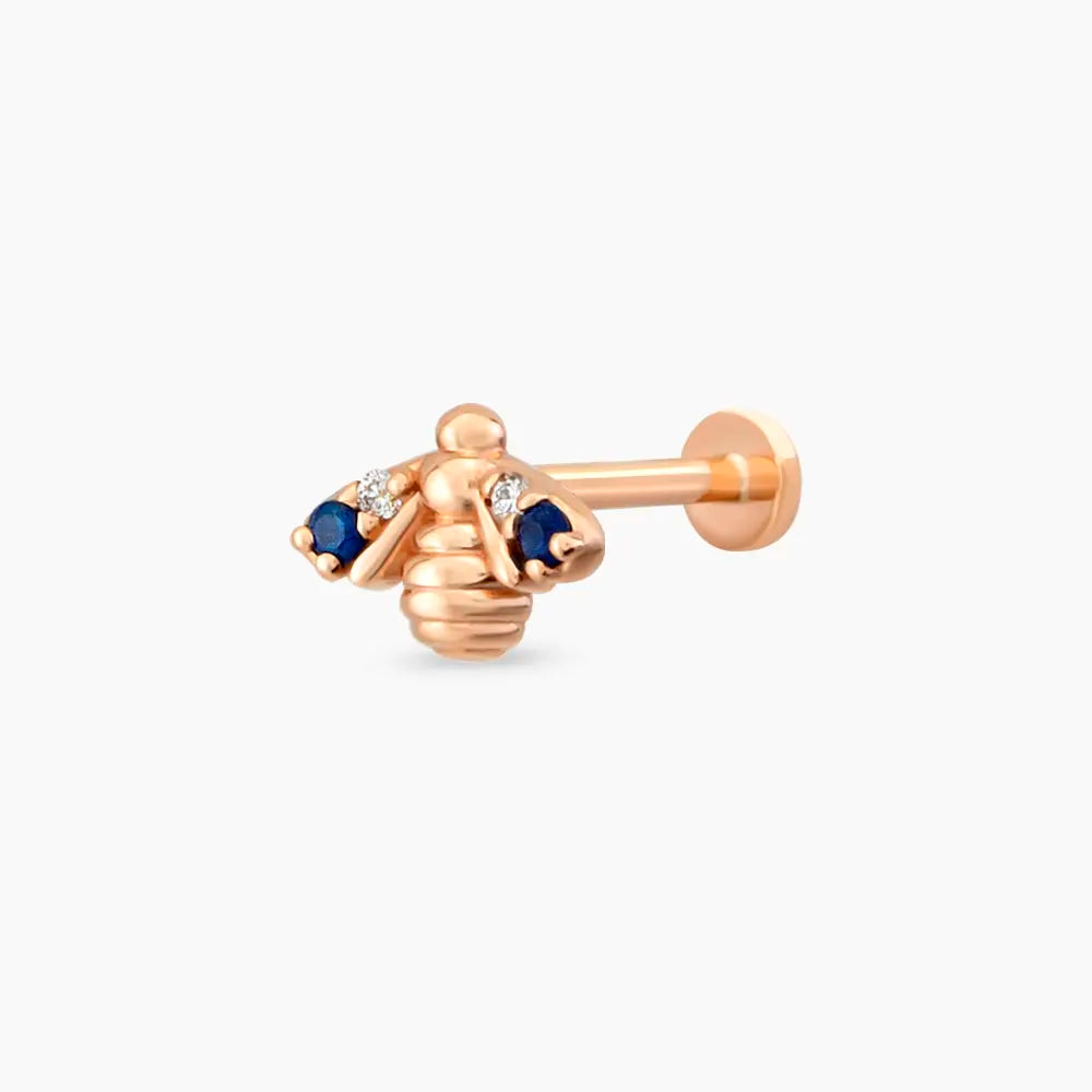 Bee Blue Safir ve Pırlanta Taşlı Rose Altın Piercing