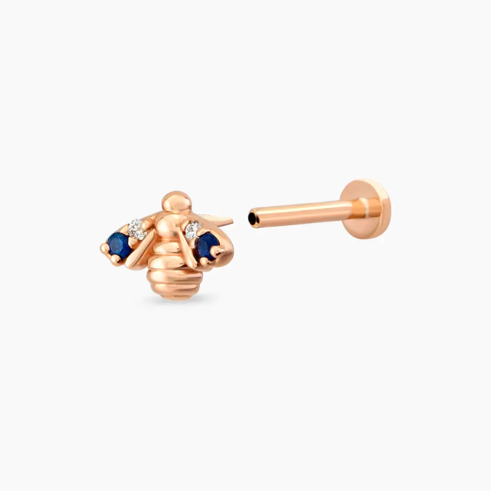 Bee Blue Safir ve Pırlanta Taşlı Rose Altın Piercing