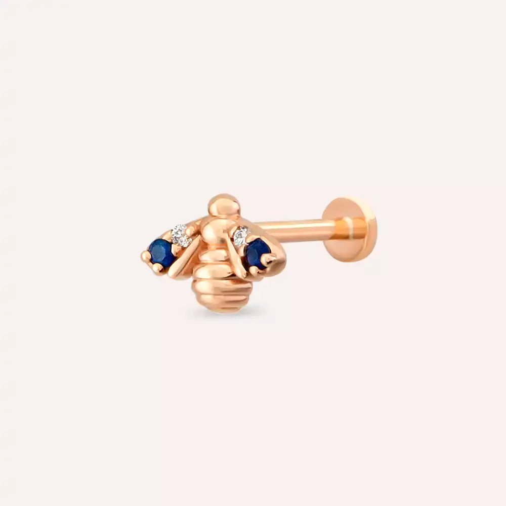 Bee Blue Safir ve Pırlanta Taşlı Rose Altın Piercing