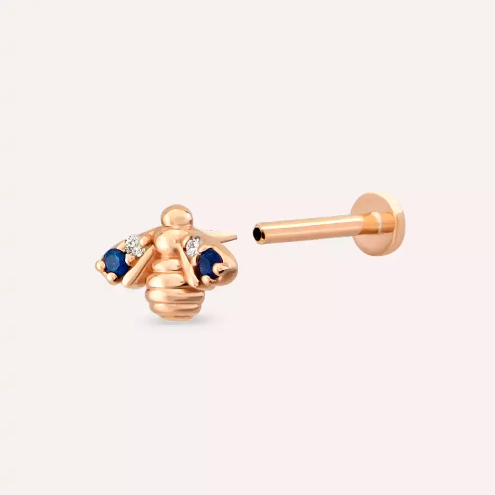 Bee Blue Safir ve Pırlanta Taşlı Rose Altın Piercing