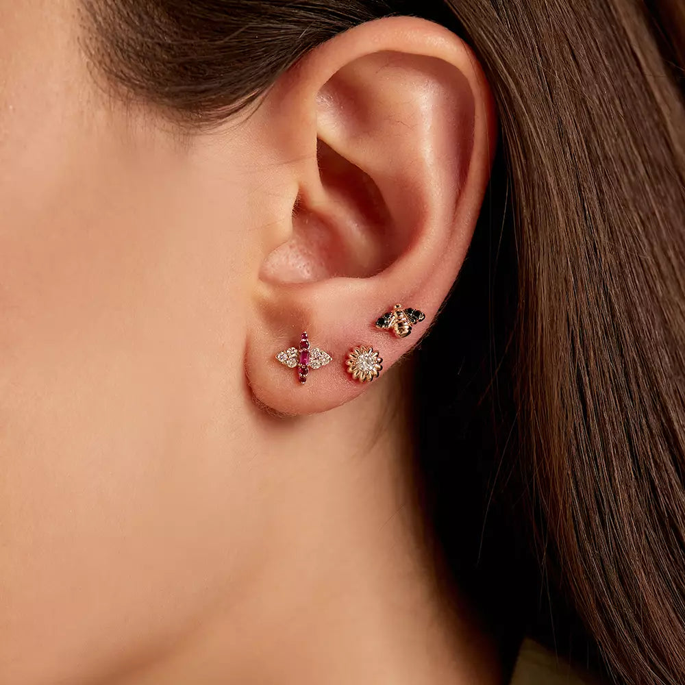 Bee Siyah Pırlanta Taşlı Rose Altın Tek Küpe