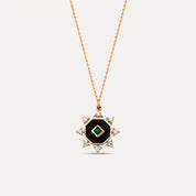 Bellatris Zümrüt ve Pırlanta Taşlı Siyah Mineli Rose Altın Kolye