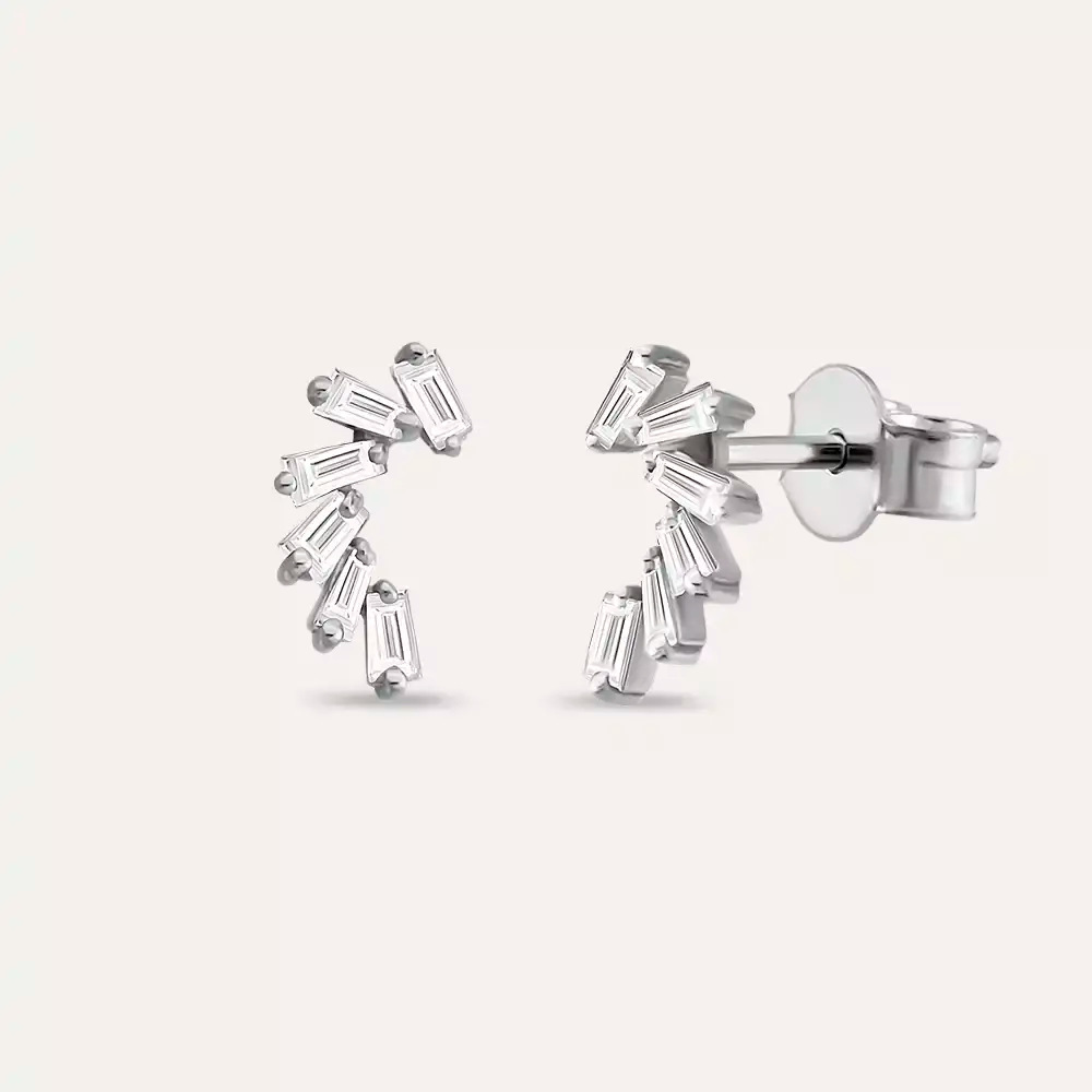 Bevel Pırlanta Taşlı Beyaz Altın Küpe