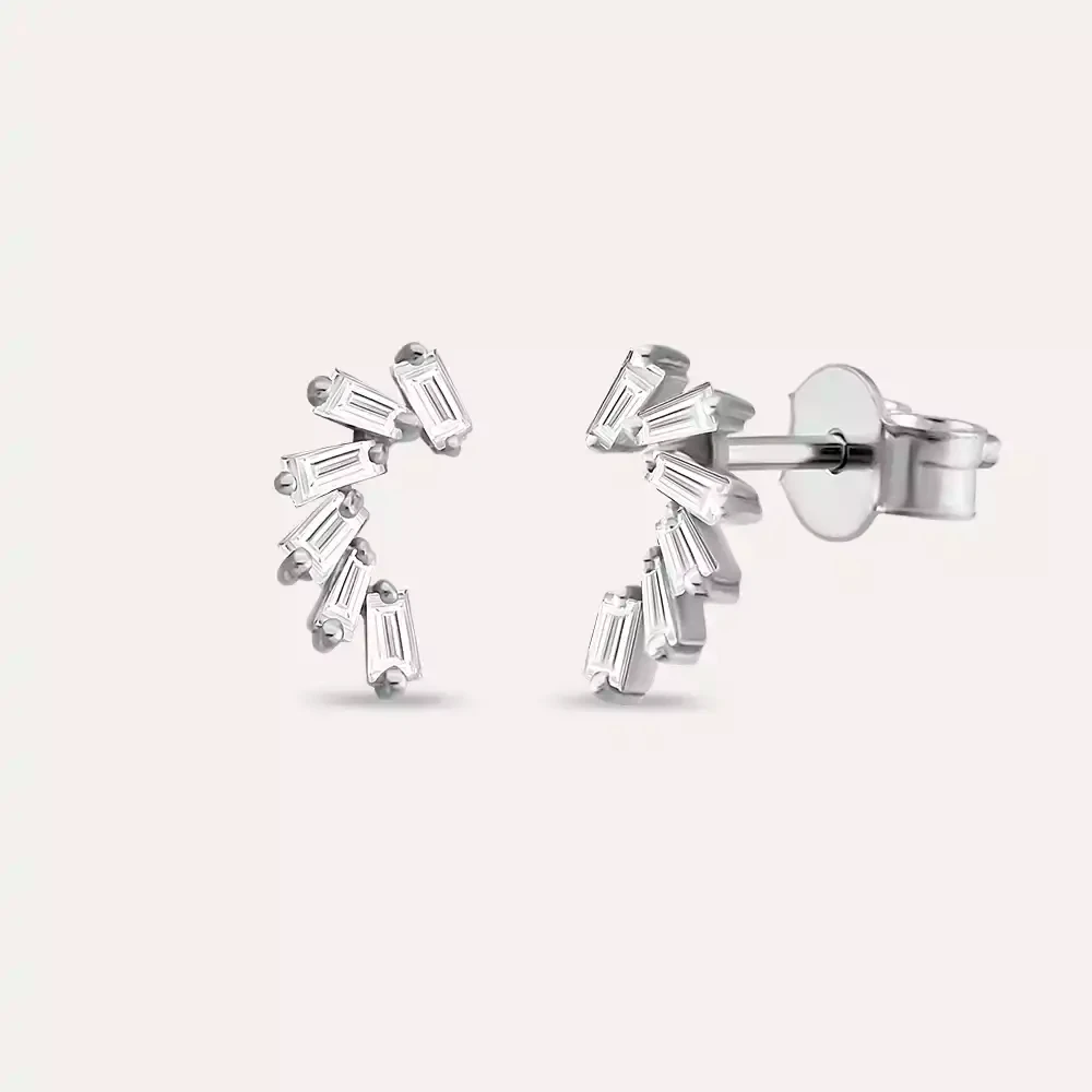 Bevel Pırlanta Taşlı Beyaz Altın Küpe