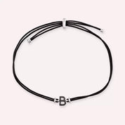 Siyah Pırlanta Taşlı Beyaz Altın Harfli İp Bileklik