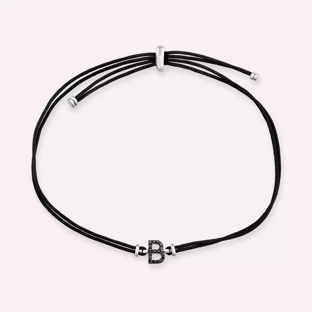 Siyah Pırlanta Taşlı Beyaz Altın Harfli İp Bileklik