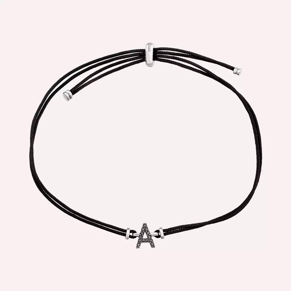 Siyah Pırlanta Taşlı Beyaz Altın Harfli İp Bileklik