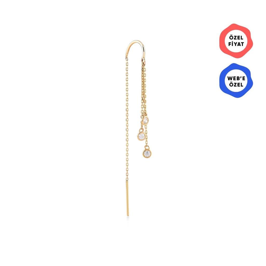 Üç Adet Taşlı Sallantılı Zincir Tek Altın Küpe