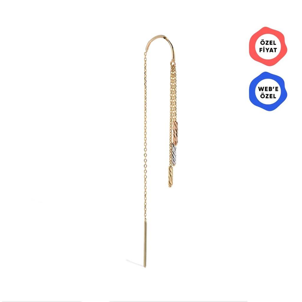 Üç Renk Sallantılı Zincir Tek Altın Küpe