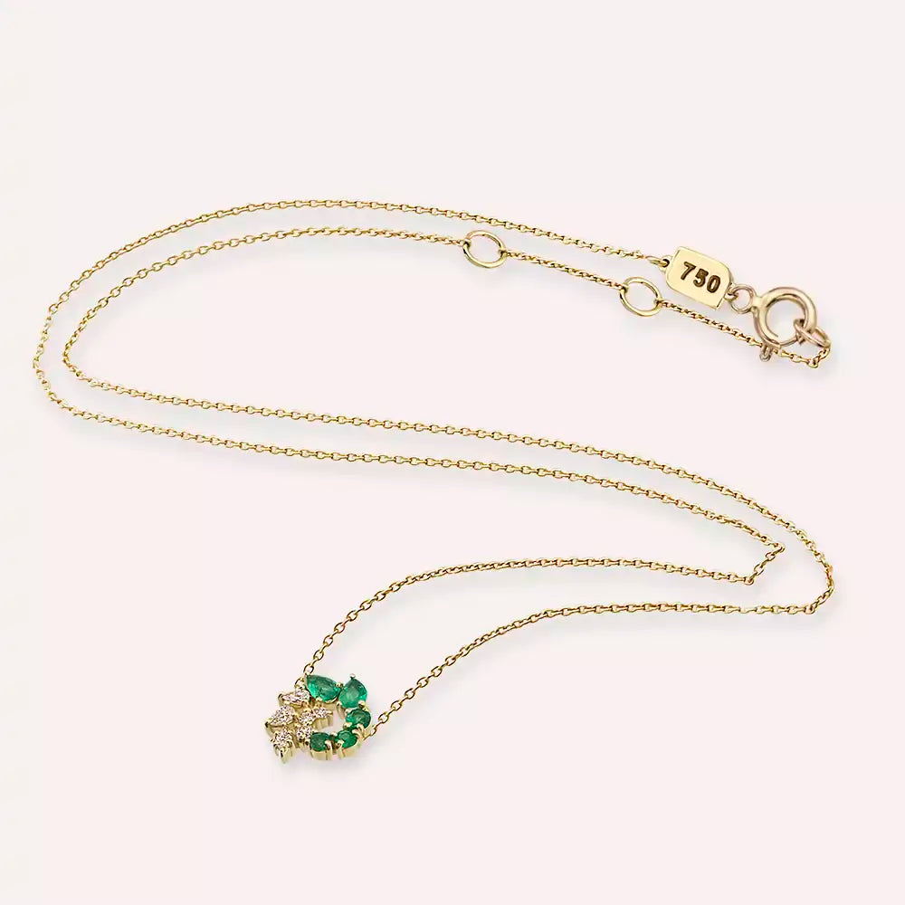 Bind Zümrüt ve Pırlanta Taşlı Sarı Altın Kolye