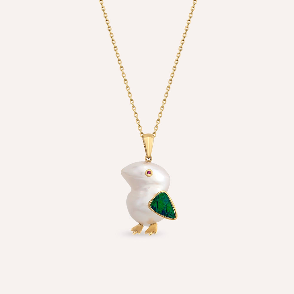 Bird Doğal İnci ve Opal Taşlı Sarı Altın Kolye