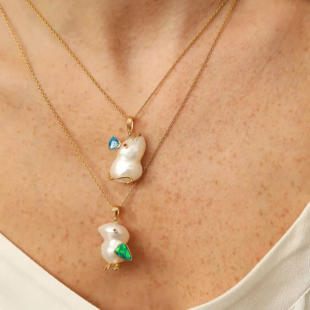 Bird Doğal İnci ve Opal Taşlı Sarı Altın Kolye
