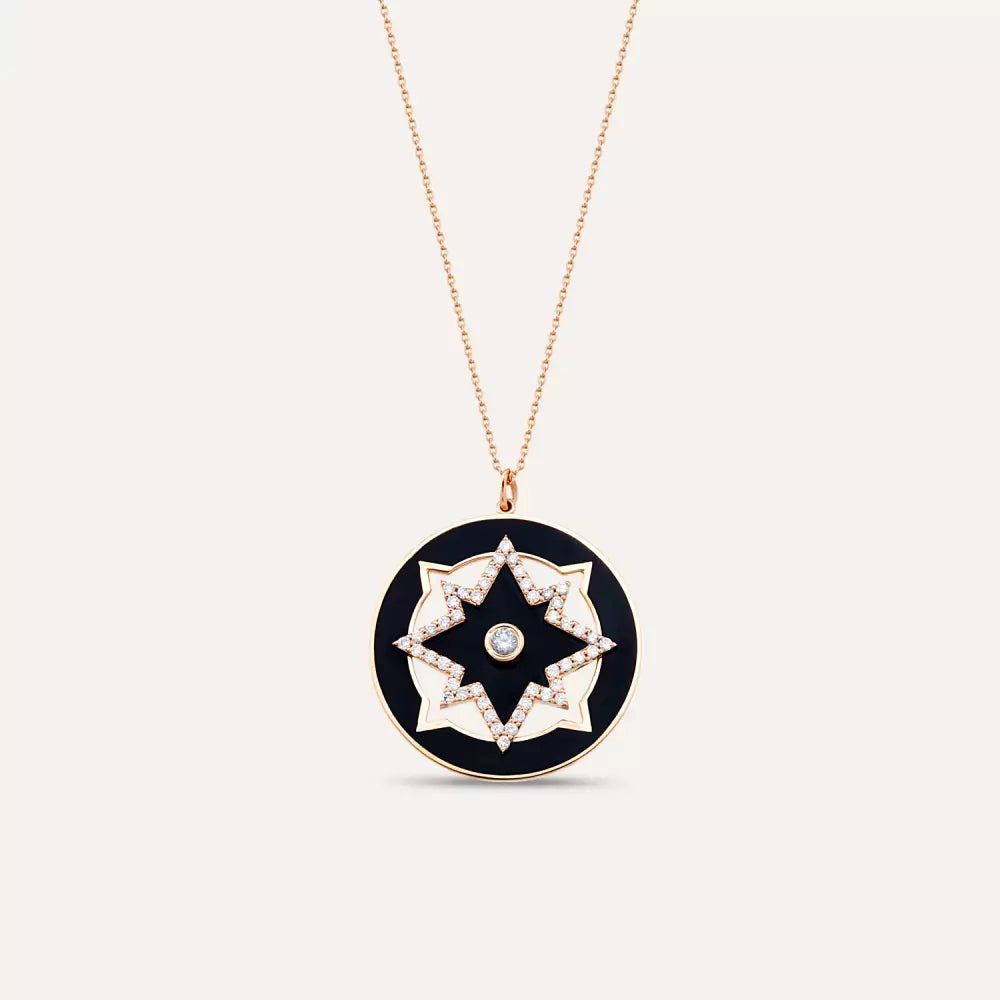 Blackstar Pırlanta Taşlı ve Siyah Mineli Rose Altın Kolye