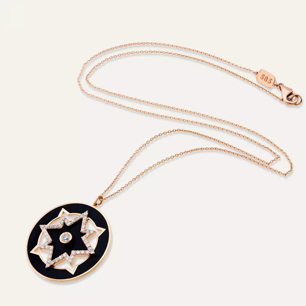 Blackstar Pırlanta Taşlı ve Siyah Mineli Rose Altın Kolye