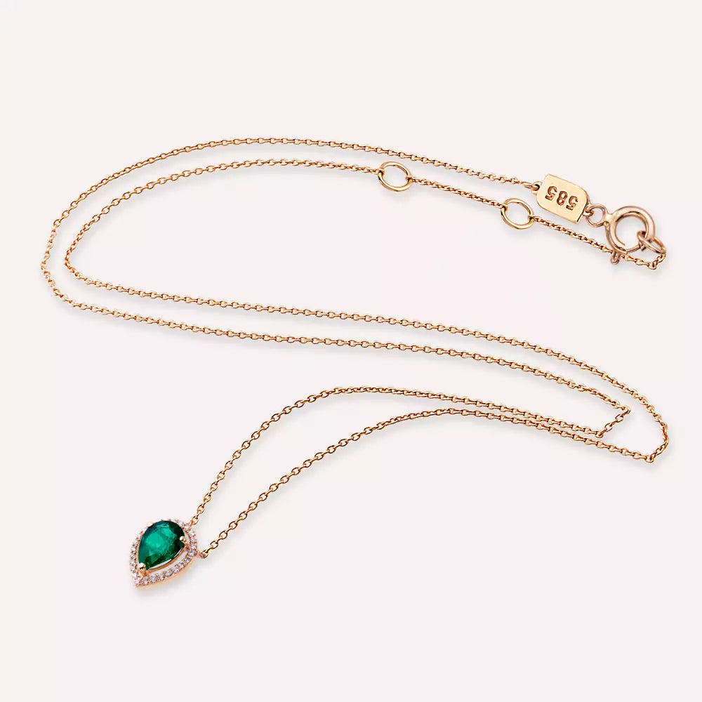 Blob Damla Kesim Zümrüt ve Pırlanta Taşlı Rose Altın Kolye