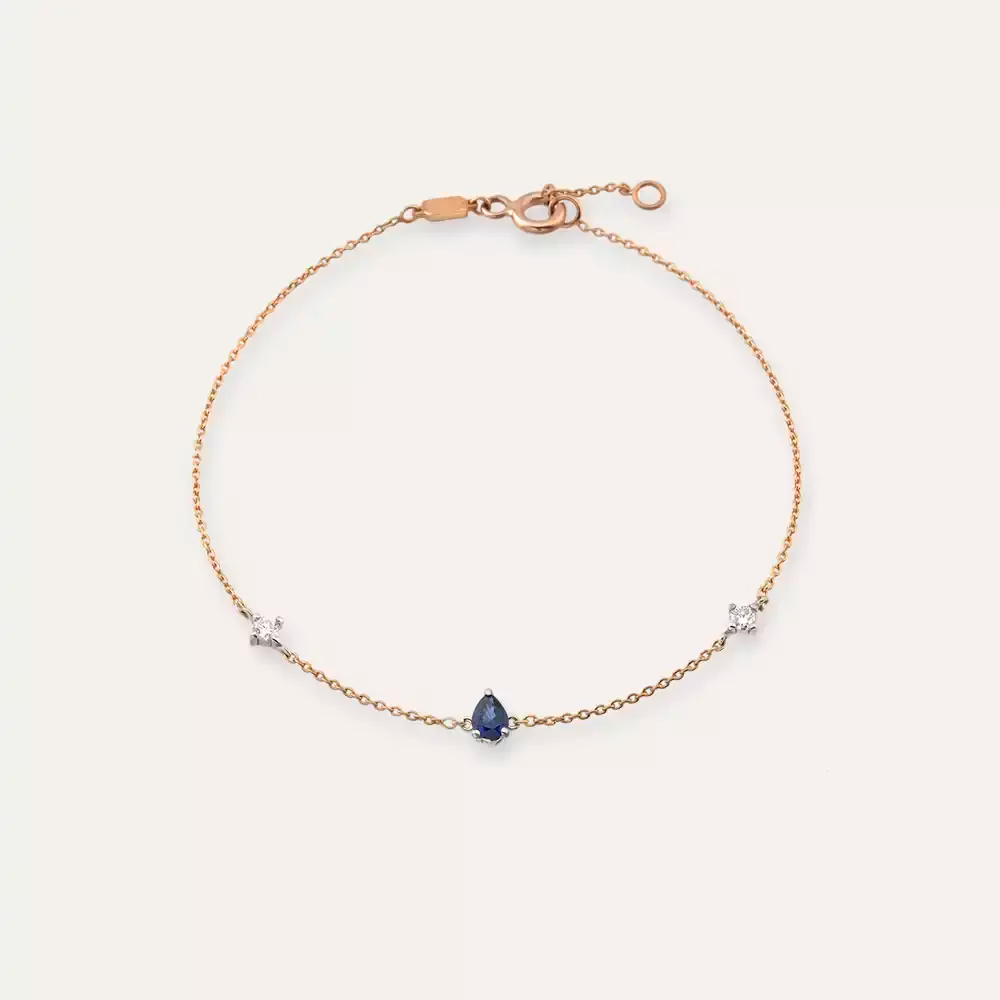 Tear Damla Kesim Safir ve Pırlanta Taşlı Rose Altın Bileklik