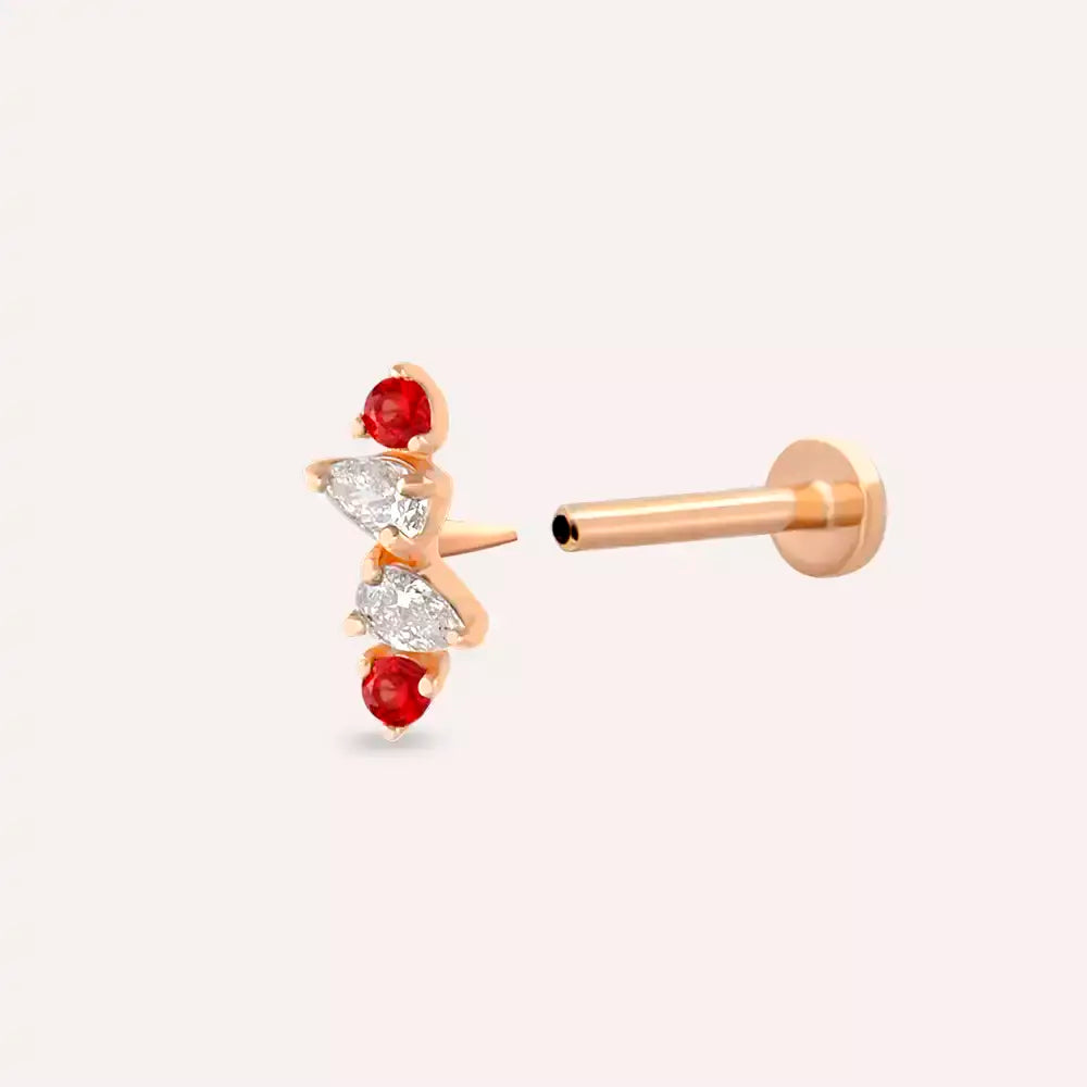 Brill Red Safir ve Pırlanta Taşlı Rose Altın Piercing