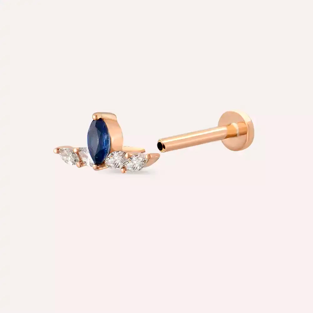 Brine Blue Safir ve Pırlanta Taşlı Rose Altın Piercing