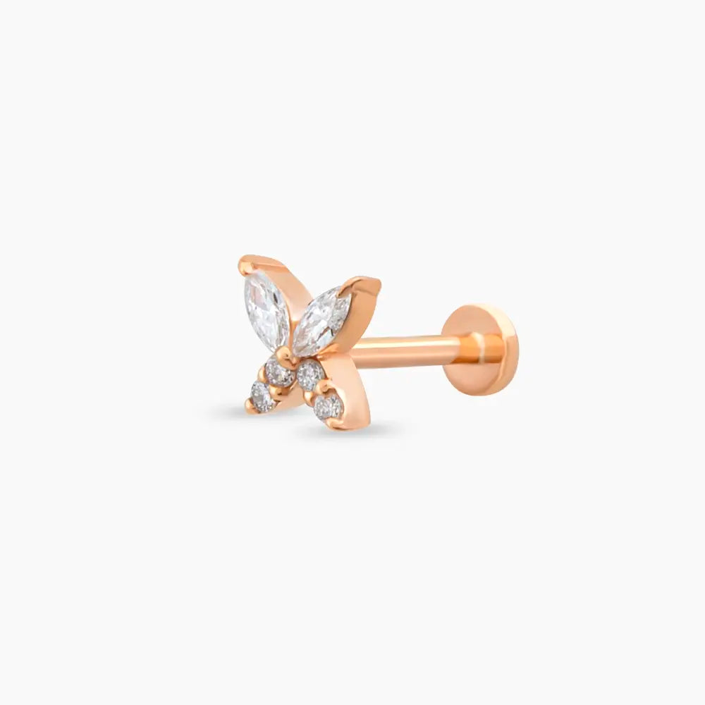 Butterfly Markiz Kesim Pırlanta Taşlı Rose Altın Piercing