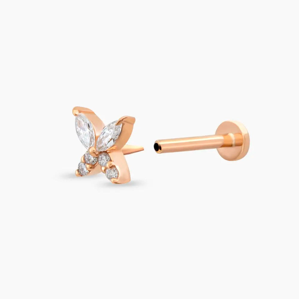 Butterfly Markiz Kesim Pırlanta Taşlı Rose Altın Piercing