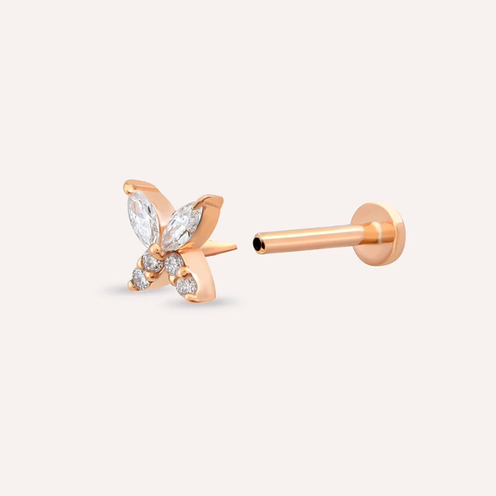 Butterfly Markiz Kesim Pırlanta Taşlı Rose Altın Piercing