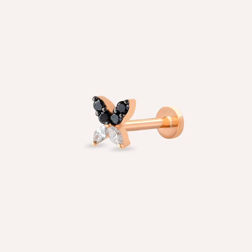 Butterfly Mini Siyah Pırlanta Taşlı Rose Altın Piercing