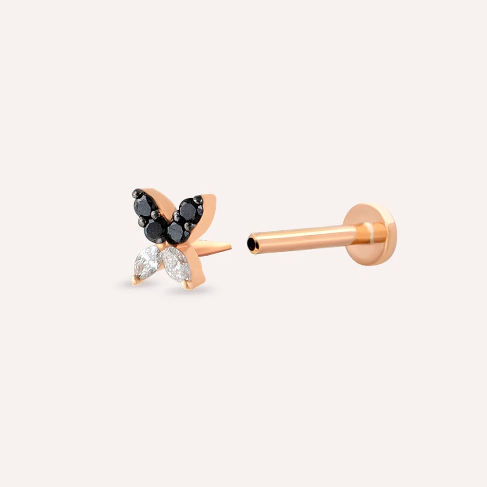 Butterfly Mini Siyah Pırlanta Taşlı Rose Altın Piercing
