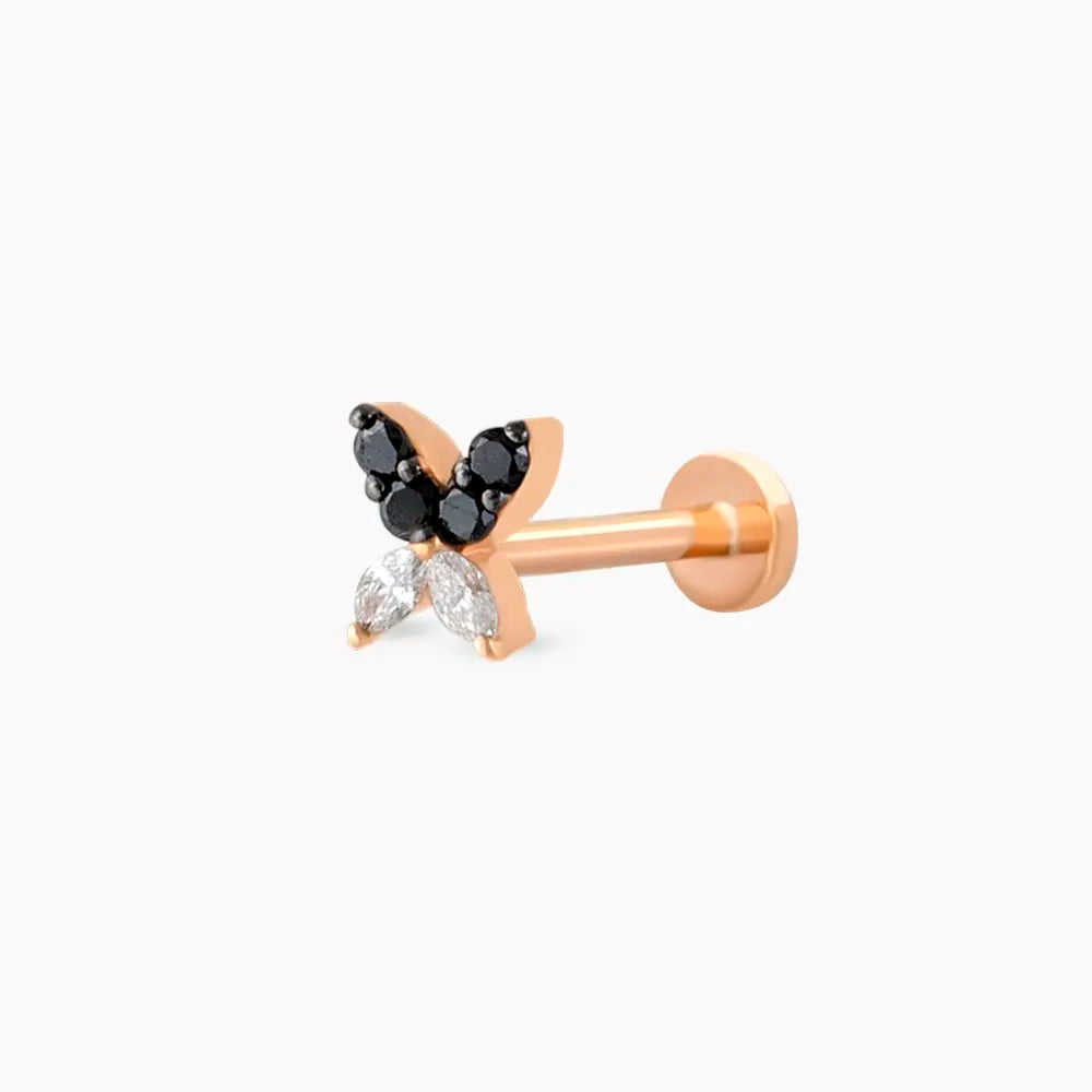 Butterfly Mini Siyah Pırlanta Taşlı Rose Altın Piercing