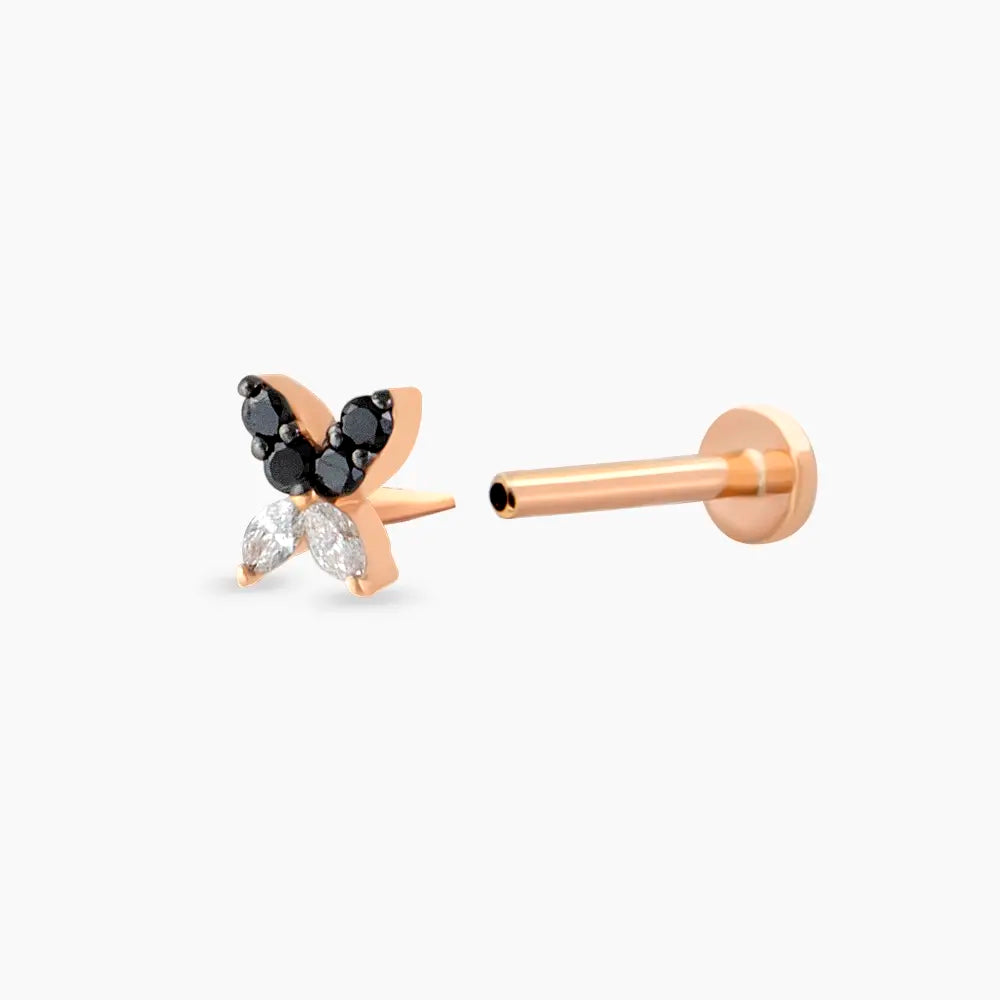 Butterfly Mini Siyah Pırlanta Taşlı Rose Altın Piercing