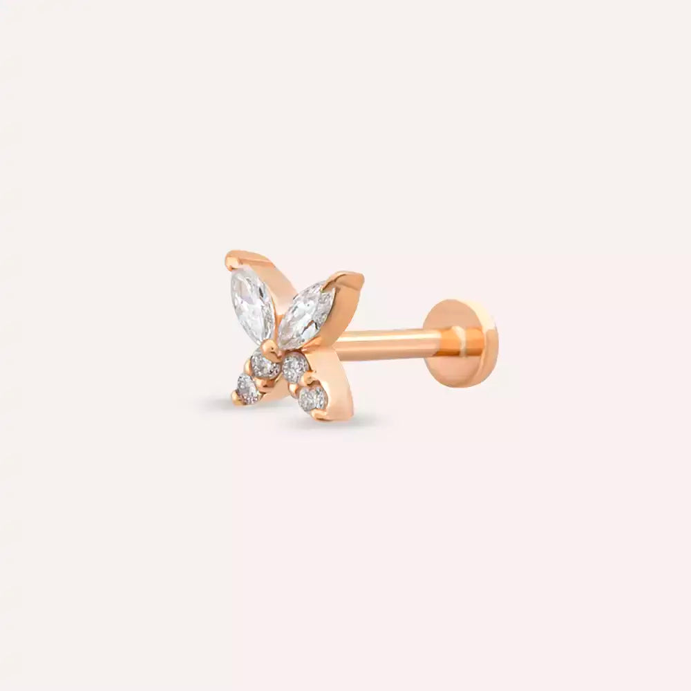 Butterfly Pırlanta Taşlı Rose Altın Piercing