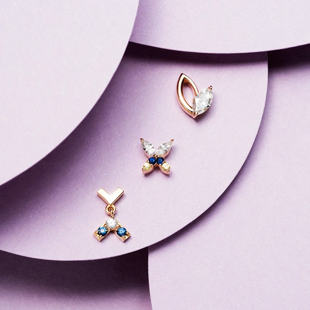 Butterfly Yellow, Blue Safir ve Pırlanta Taşlı Rose Altın Piercing