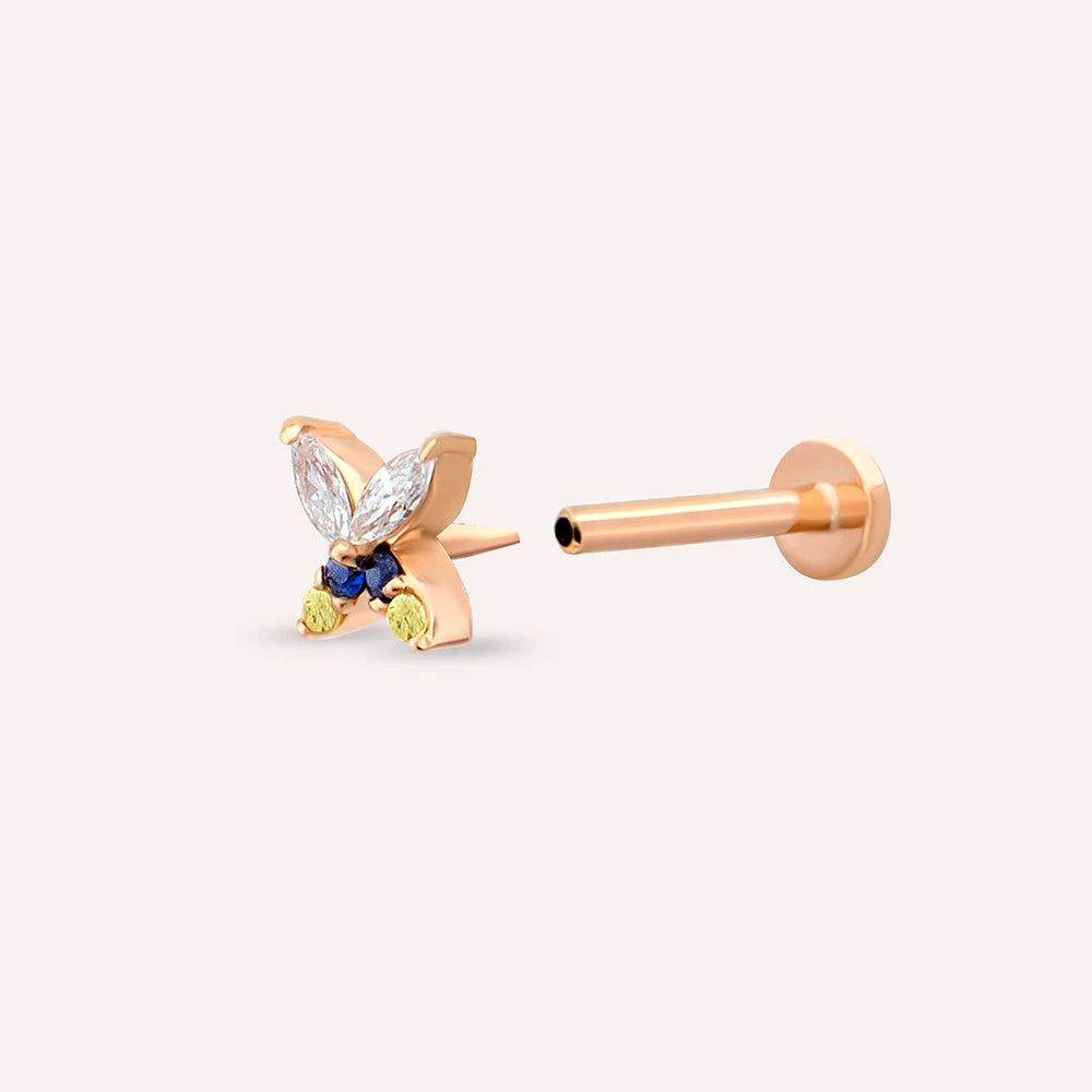 Butterfly Yellow, Blue Safir ve Pırlanta Taşlı Rose Altın Piercing