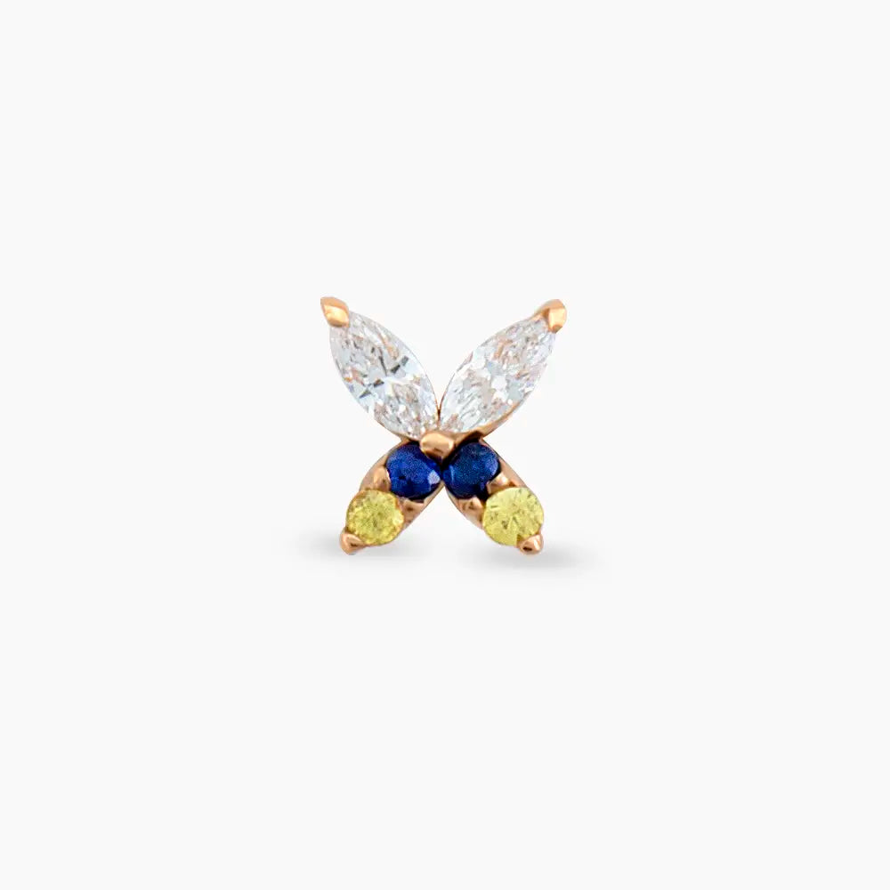Butterfly Yellow, Blue Safir ve Pırlanta Taşlı Rose Altın Piercing