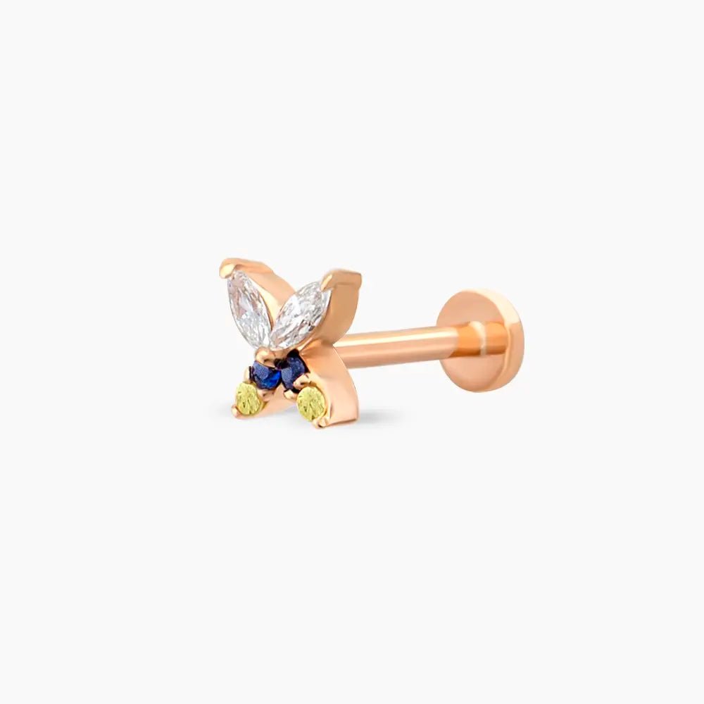 Butterfly Yellow, Blue Safir ve Pırlanta Taşlı Rose Altın Piercing