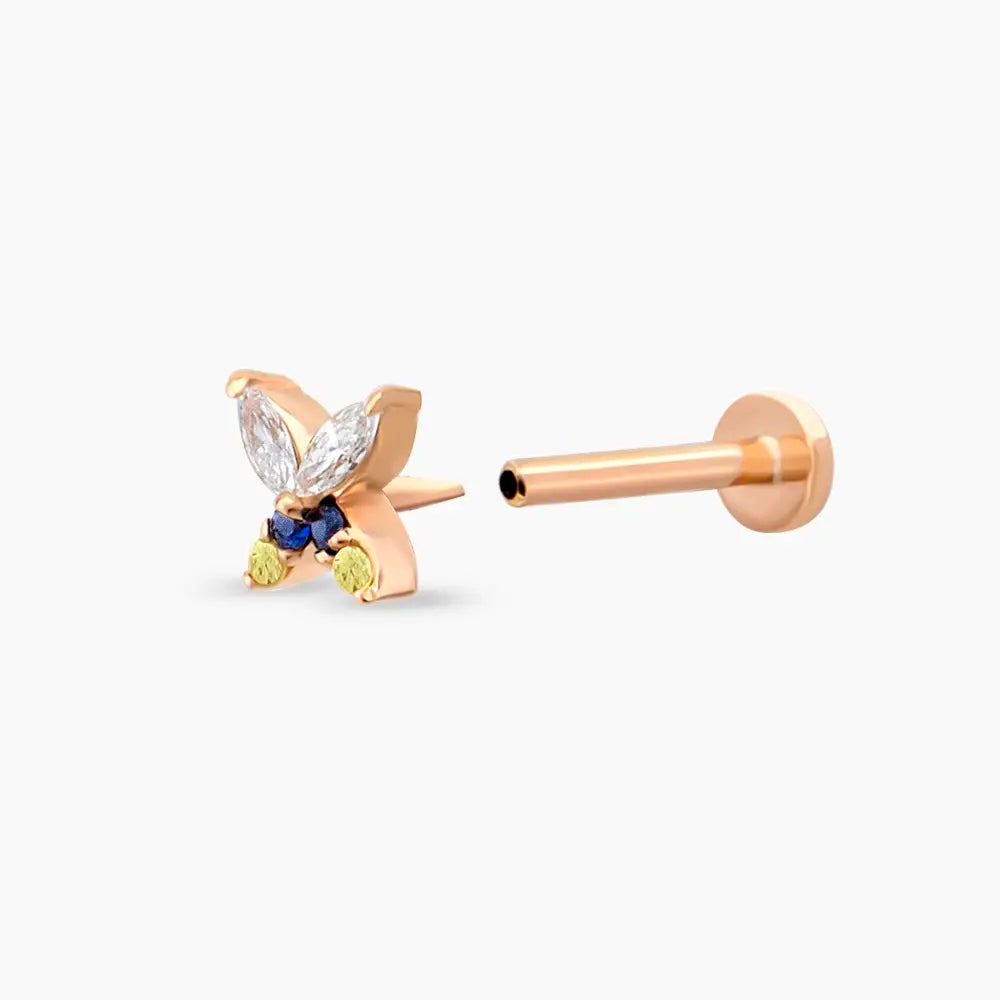 Butterfly Yellow, Blue Safir ve Pırlanta Taşlı Rose Altın Piercing