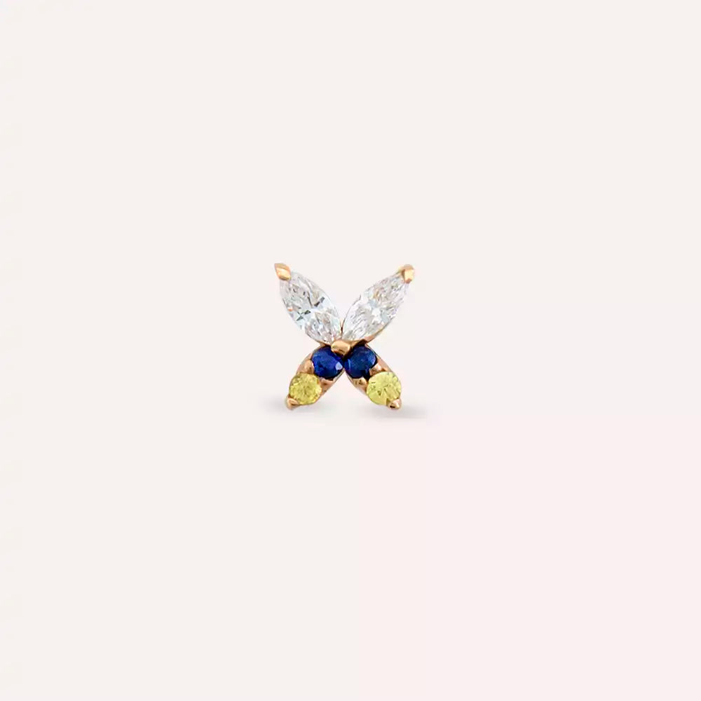 Butterfly Yellow, Blue Safir ve Pırlanta Taşlı Rose Altın Piercing