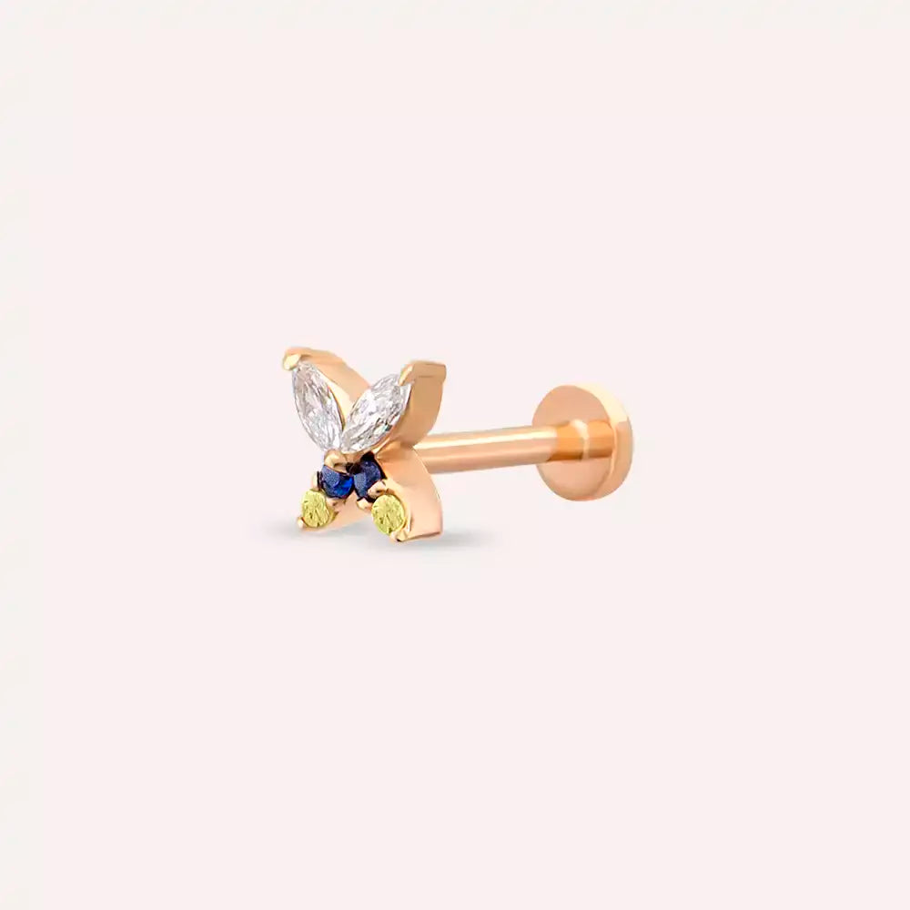 Pion Yellow, Blue Safir ve Pırlanta Taşlı Rose Altın Piercing