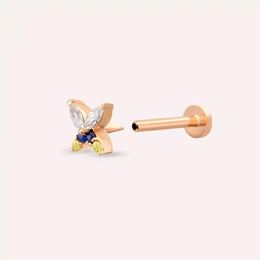 Pion Yellow, Blue Safir ve Pırlanta Taşlı Rose Altın Piercing