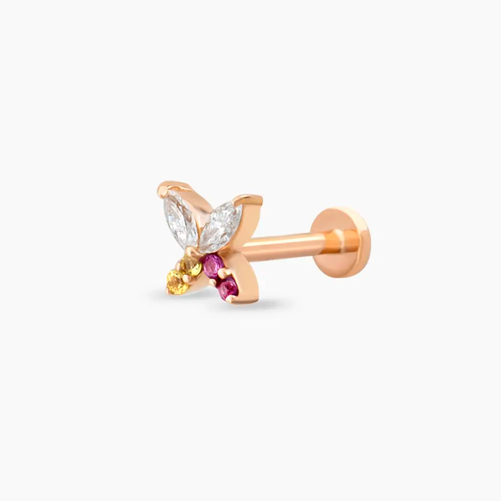 Butterfly Yellow, Pink Safir ve Pırlanta Taşlı Rose Altın Piercing