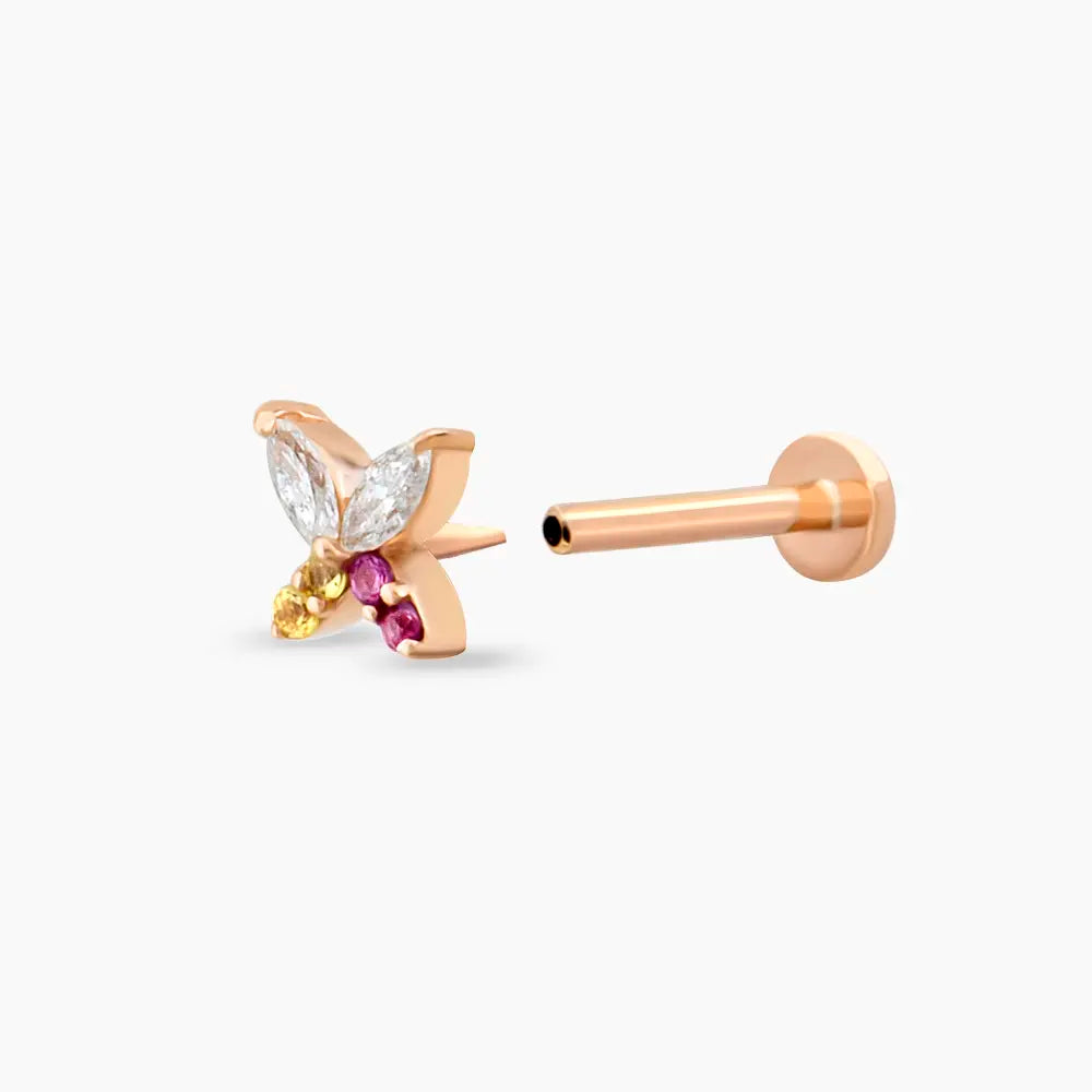 Butterfly Yellow, Pink Safir ve Pırlanta Taşlı Rose Altın Piercing