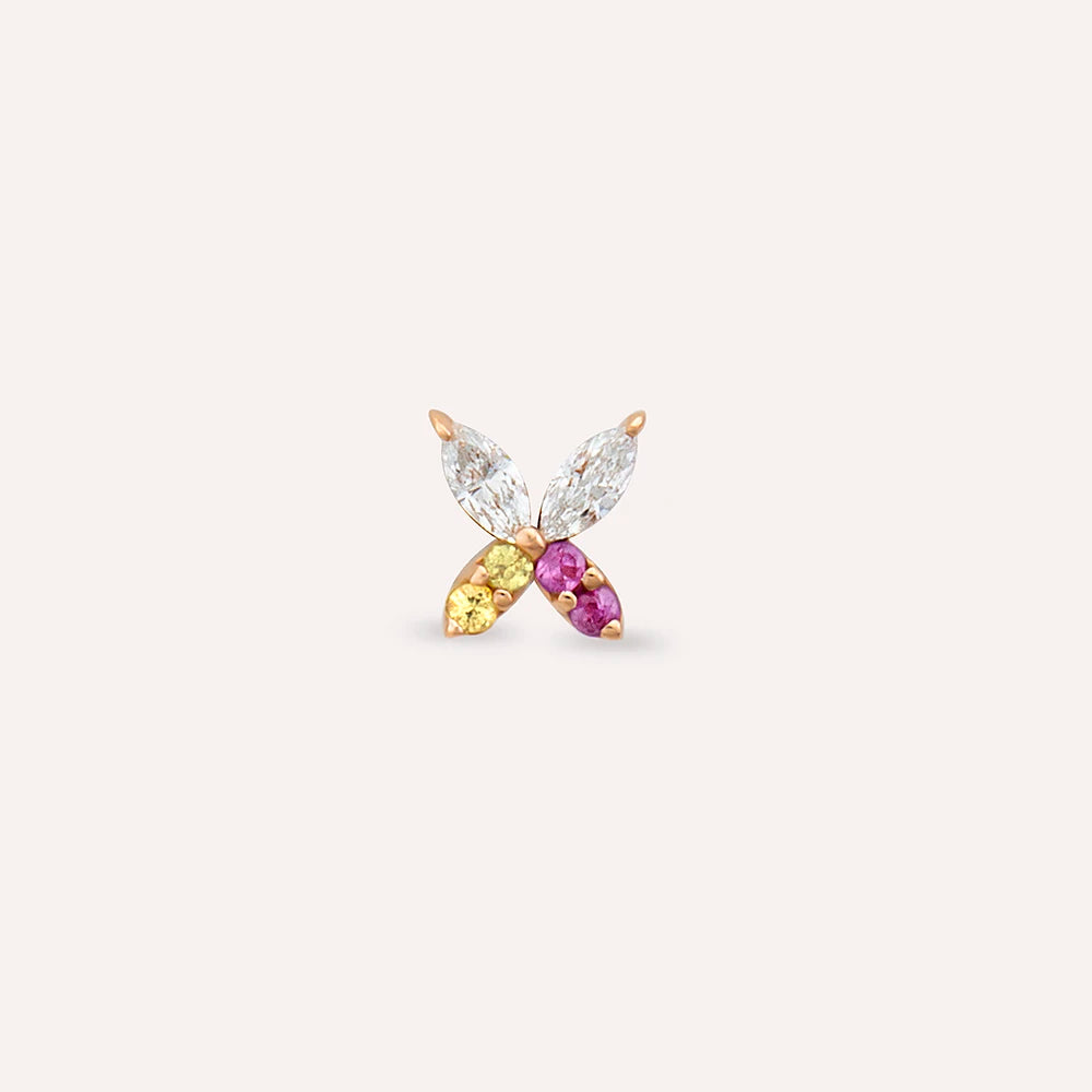 Butterfly Yellow, Pink Safir ve Pırlanta Taşlı Rose Altın Piercing