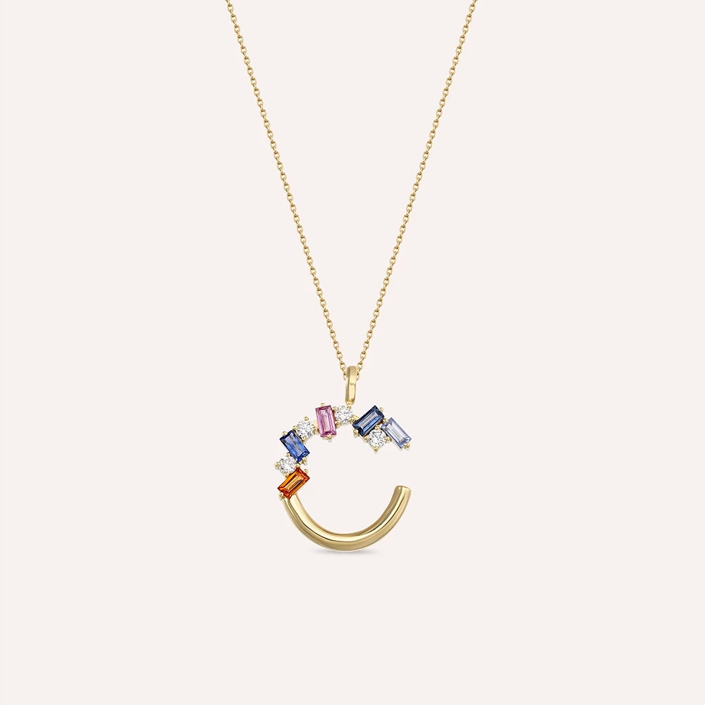 C Harf 1.80 CT Multicolor Safir ve Pırlanta Taşlı Sarı Altın Kolye