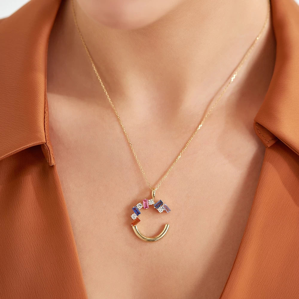 C Harf 1.80 CT Multicolor Safir ve Pırlanta Taşlı Sarı Altın Kolye