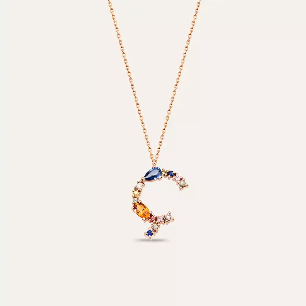 Ç Harf Brown Pırlanta ve Multicolor Safir Taşlı Rose Altın Kolye
