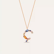 Ç Harf Brown Pırlanta ve Multicolor Safir Taşlı Rose Altın Kolye